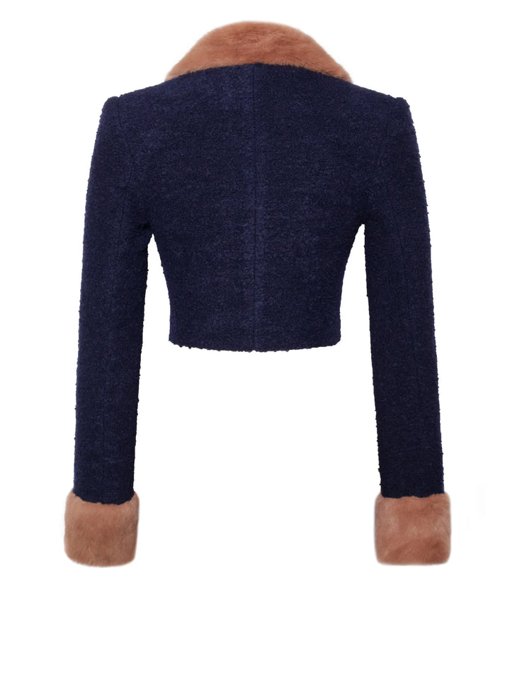 Marian style Blue Double Breast Fur Trim Cropped Boucle Wool Jacket - Marian Style Boutique
