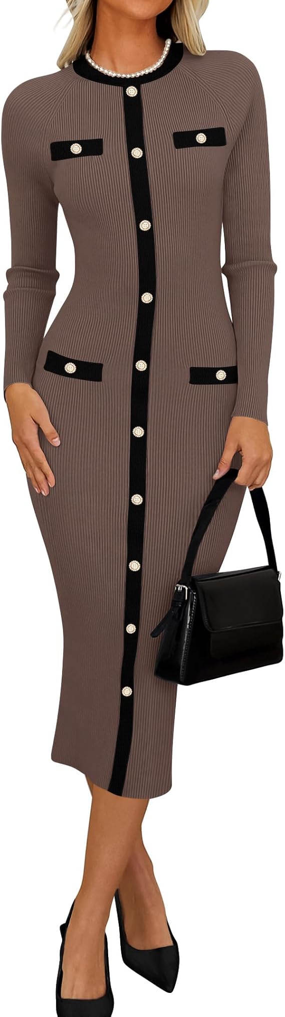 Marian Style Women's Ribbed Crewneck Sweater Dress 2024 Fall Winter Long Sleeve Button Color Block Knit Midi Dresses