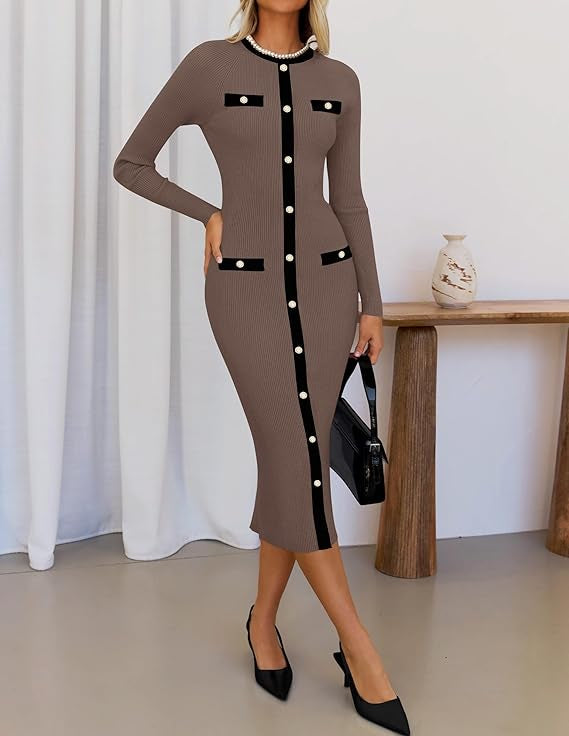 Marian Style Women's Ribbed Crewneck Sweater Dress 2024 Fall Winter Long Sleeve Button Color Block Knit Midi Dresses - Marian Style Boutique