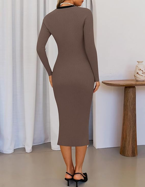 Marian Style Women's Ribbed Crewneck Sweater Dress 2024 Fall Winter Long Sleeve Button Color Block Knit Midi Dresses - Marian Style Boutique