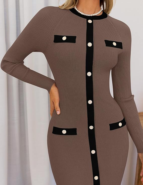 Marian Style Women's Ribbed Crewneck Sweater Dress 2024 Fall Winter Long Sleeve Button Color Block Knit Midi Dresses