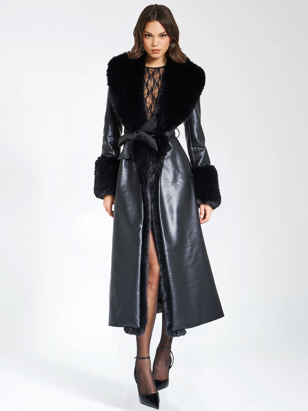 Marian style Black Faux Fur Trim Black Vegan Leather Coat - Marian Style Boutique