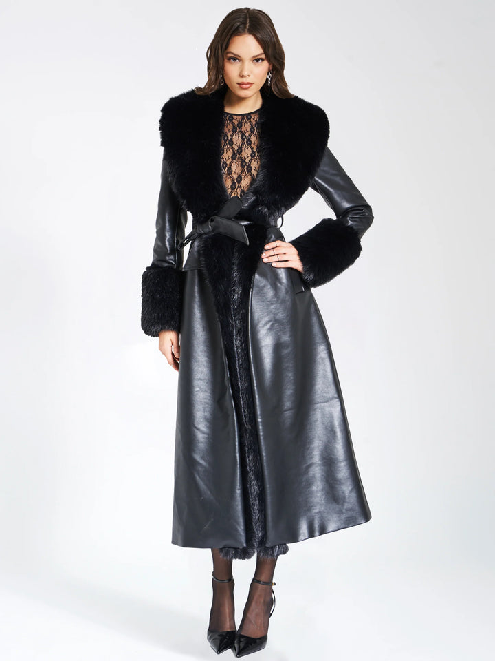Marian style Black Faux Fur Trim Black Vegan Leather Coat - Marian Style Boutique