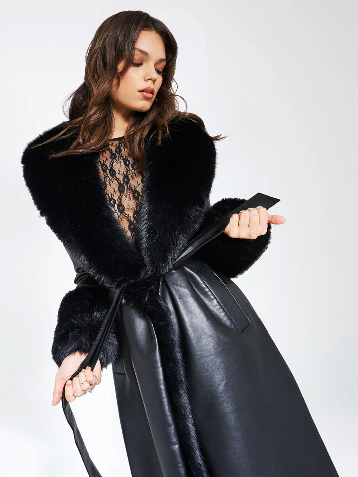 Marian style Black Faux Fur Trim Black Vegan Leather Coat - Marian Style Boutique