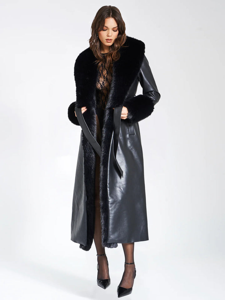 Marian style Black Faux Fur Trim Black Vegan Leather Coat - Marian Style Boutique