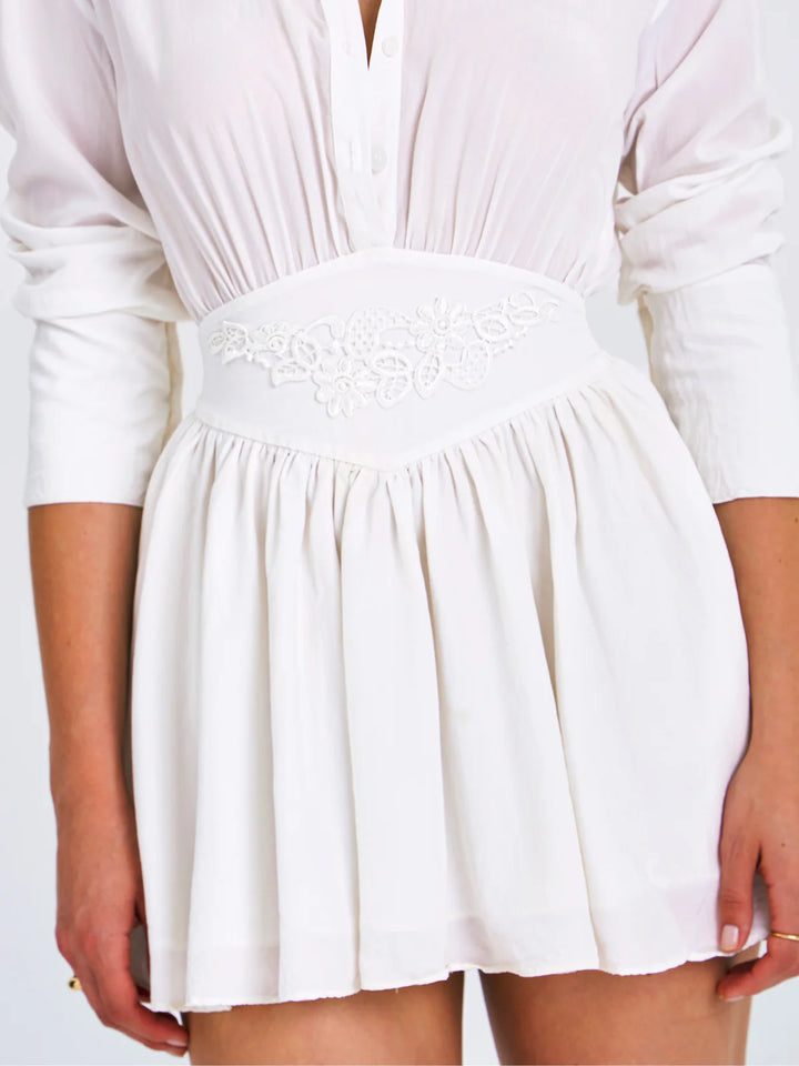 Marian style White Shirt Mini Dress with Embroidered Waist Detail - Marian Style Boutique
