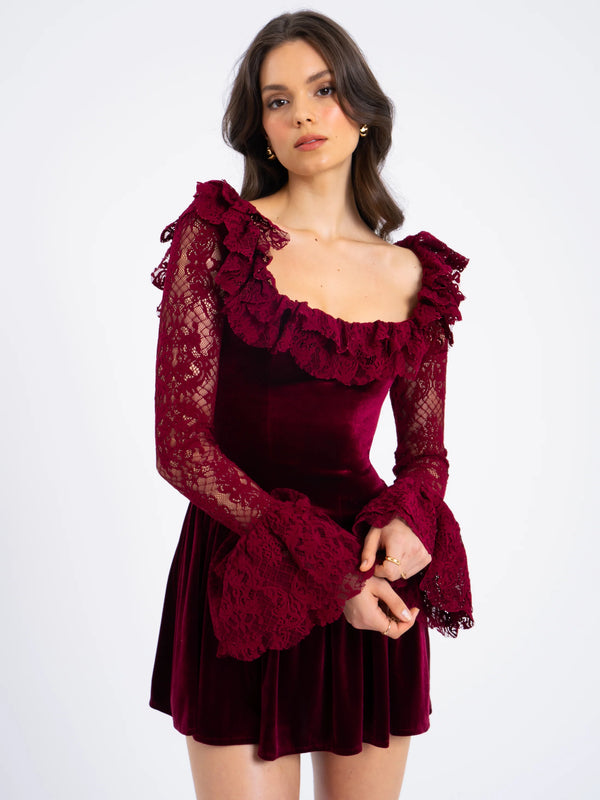 Marian style Burgundy Velvet Lace Flare Sleeve Mini Dress - Marian Style Boutique