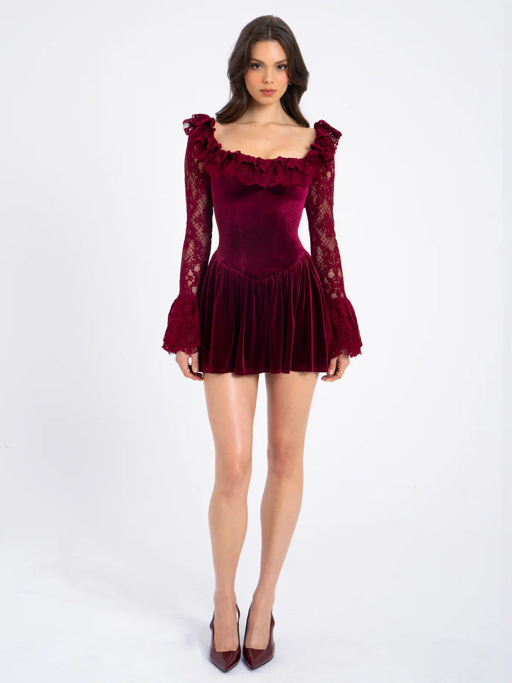 Marian style Burgundy Velvet Lace Flare Sleeve Mini Dress - Marian Style Boutique