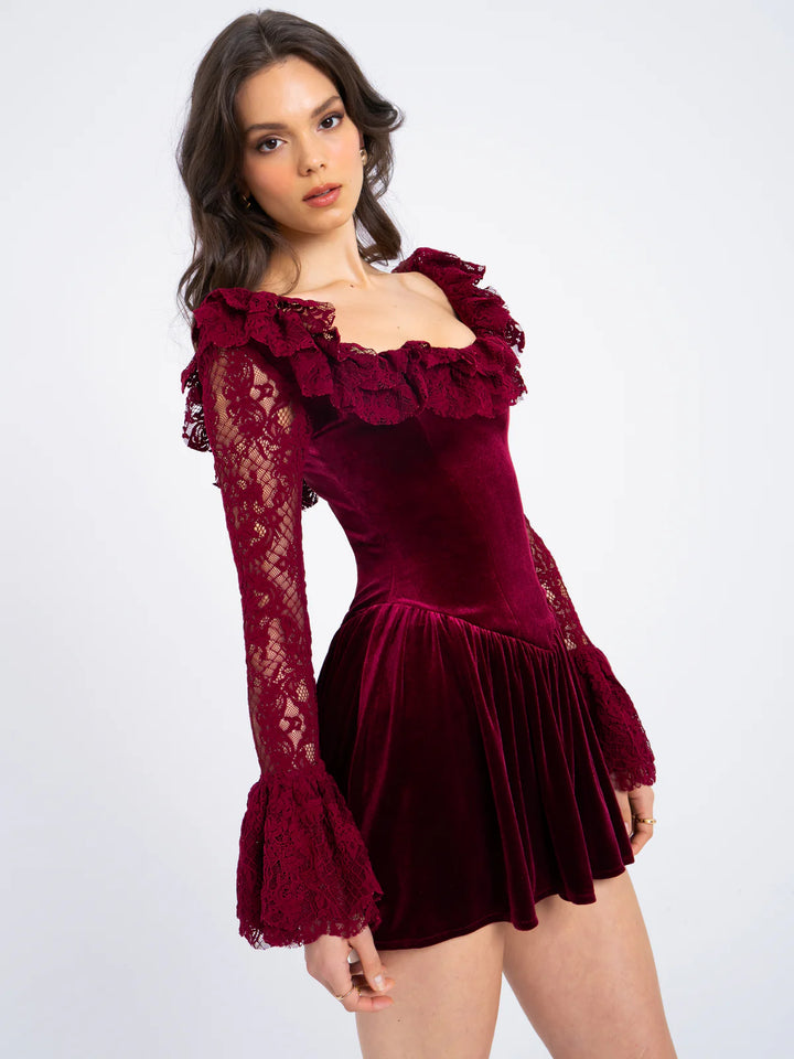 Marian style Burgundy Velvet Lace Flare Sleeve Mini Dress - Marian Style Boutique