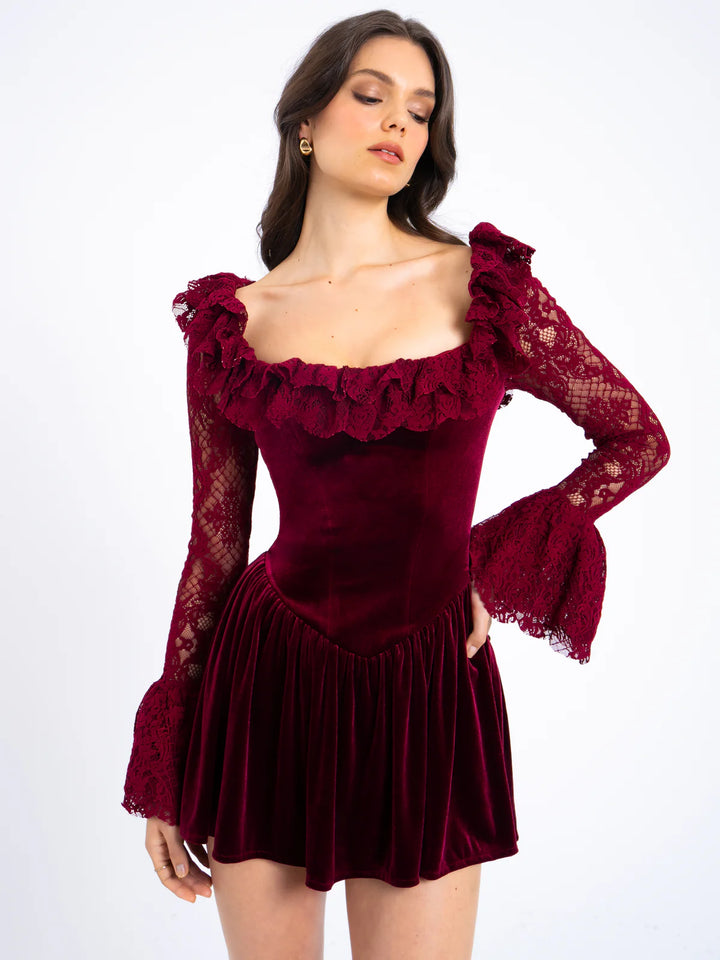 Marian style Burgundy Velvet Lace Flare Sleeve Mini Dress - Marian Style Boutique