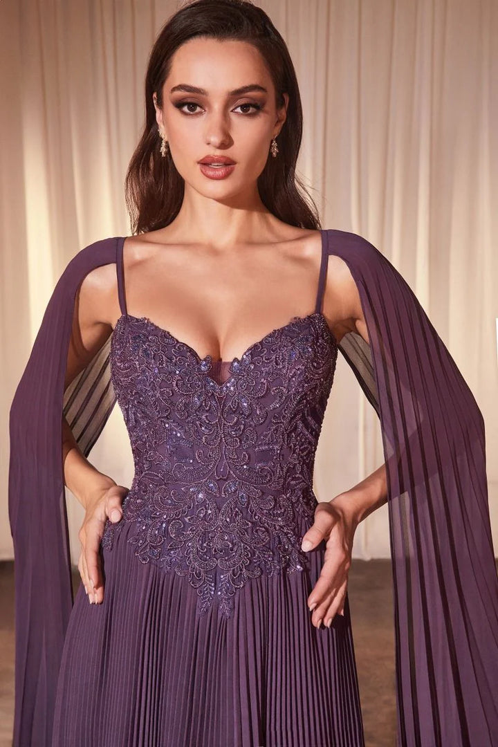 MARIAN STYLE PLEATED A-LINE GOWN WITH CAPE SLEEVES - Marian Style Boutique