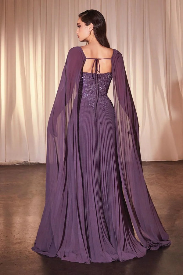 MARIAN STYLE PLEATED A-LINE GOWN WITH CAPE SLEEVES - Marian Style Boutique