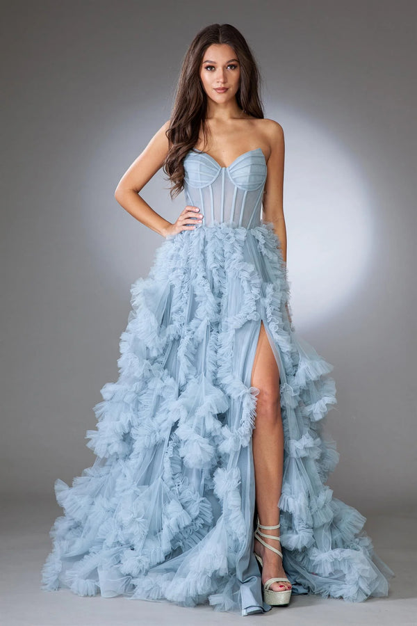 Marian style Ruffle Skirt Sweetheart A-Line Sheer Bodice Long Prom Dress - Marian Style Boutique