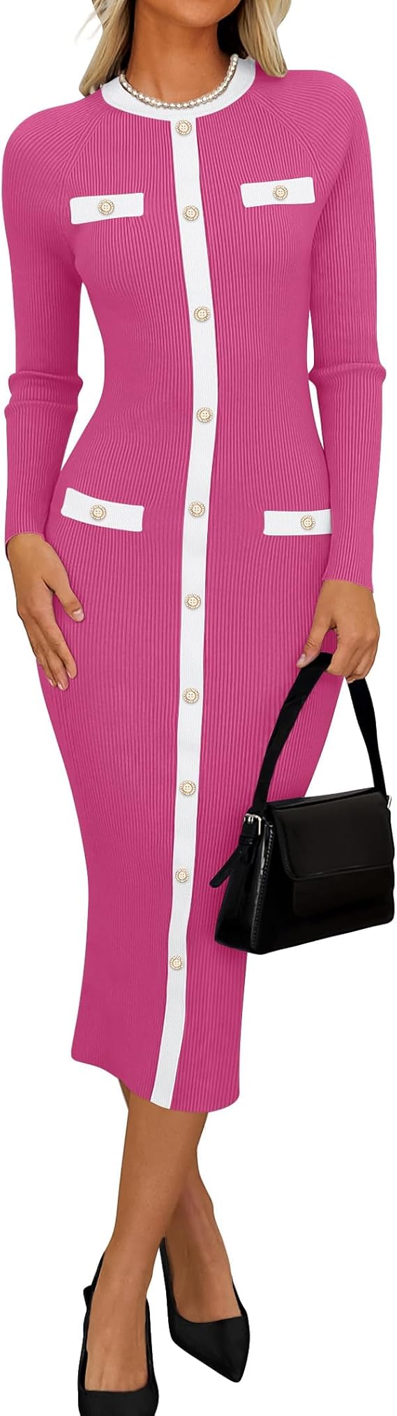Marian Style Women's Ribbed Crewneck Sweater Dress 2024 Fall Winter Long Sleeve Button Color Block Knit Midi Dresses - Marian Style Boutique