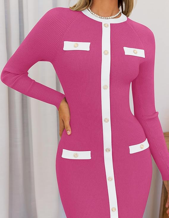 Marian Style Women's Ribbed Crewneck Sweater Dress 2024 Fall Winter Long Sleeve Button Color Block Knit Midi Dresses - Marian Style Boutique