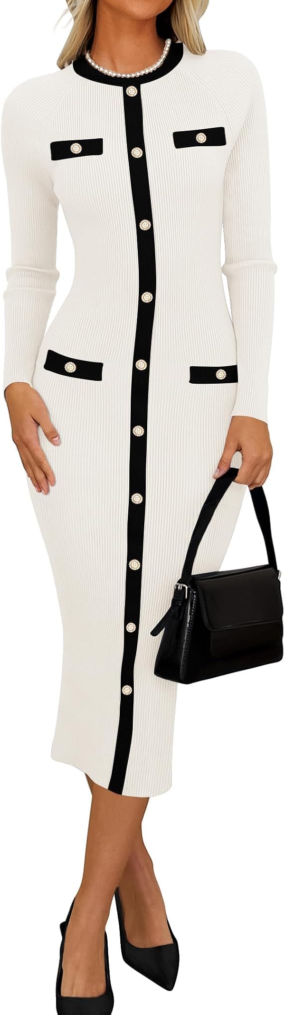 Marian Style Women's Ribbed Crewneck Sweater Dress 2024 Fall Winter Long Sleeve Button Color Block Knit Midi Dresses - Marian Style Boutique