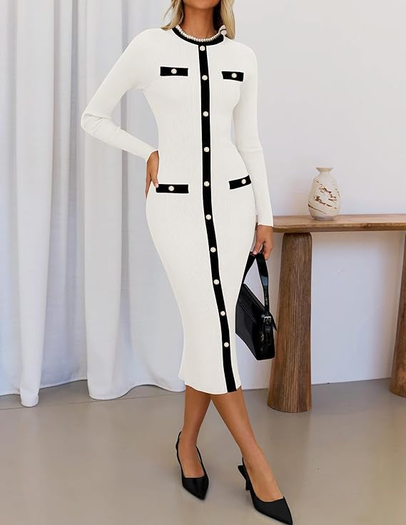 Marian Style Women's Ribbed Crewneck Sweater Dress 2024 Fall Winter Long Sleeve Button Color Block Knit Midi Dresses - Marian Style Boutique