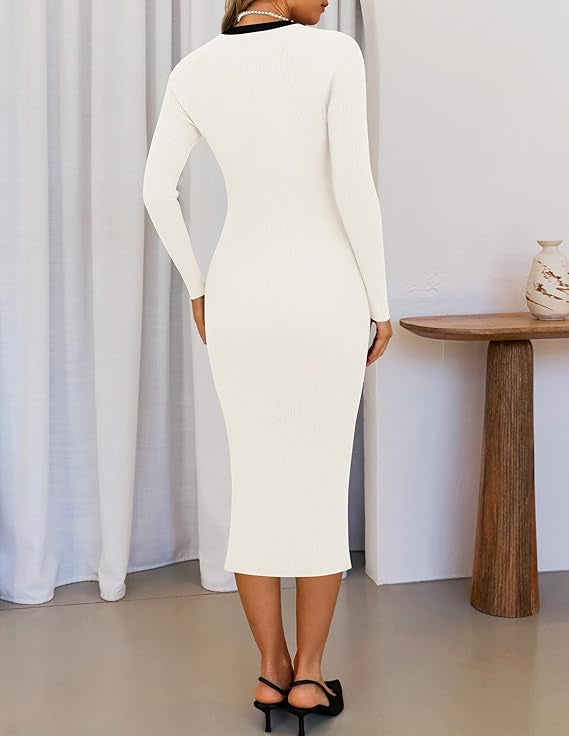 Marian Style Women's Ribbed Crewneck Sweater Dress 2024 Fall Winter Long Sleeve Button Color Block Knit Midi Dresses - Marian Style Boutique