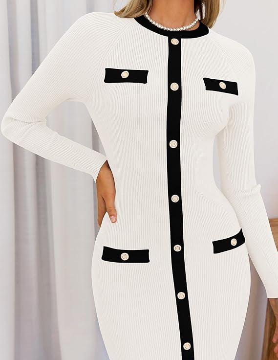 Marian Style Women's Ribbed Crewneck Sweater Dress 2024 Fall Winter Long Sleeve Button Color Block Knit Midi Dresses - Marian Style Boutique