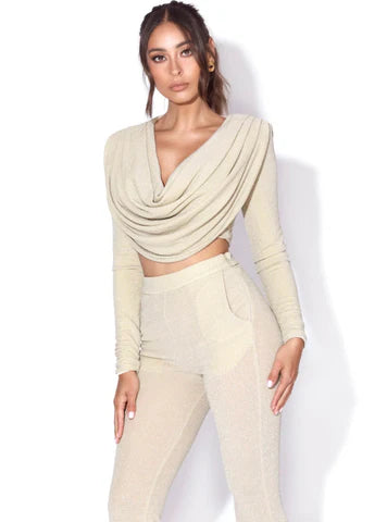 Sandra silver glitter draping long sleeve top - Marian Style Boutique