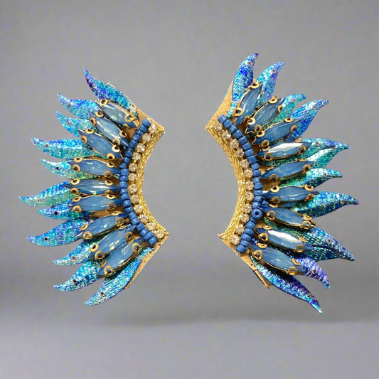 Sequin & Glass Wing Earrings- Blue