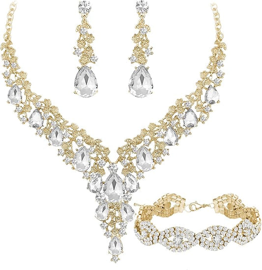 Marian style Wedding Bridal Bridesmaid Austrian Crystal Rhinestone Jewelry Sets Statement Choker Necklace Earrings Bracelets Sets for Wedding Party Prom