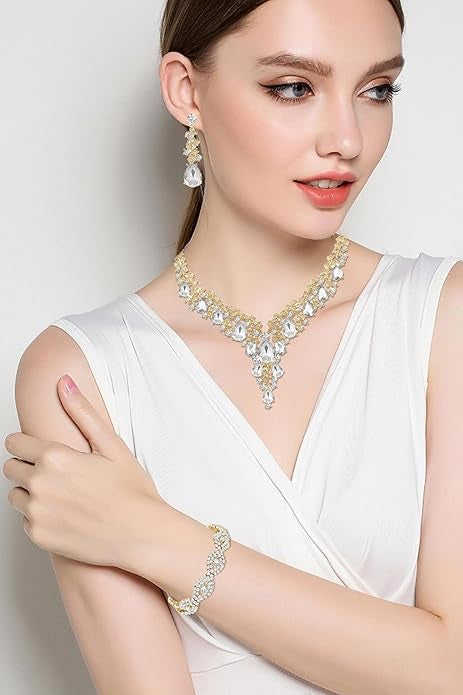 Marian style Wedding Bridal Bridesmaid Austrian Crystal Rhinestone Jewelry Sets Statement Choker Necklace Earrings Bracelets Sets for Wedding Party Prom - Marian Style Boutique