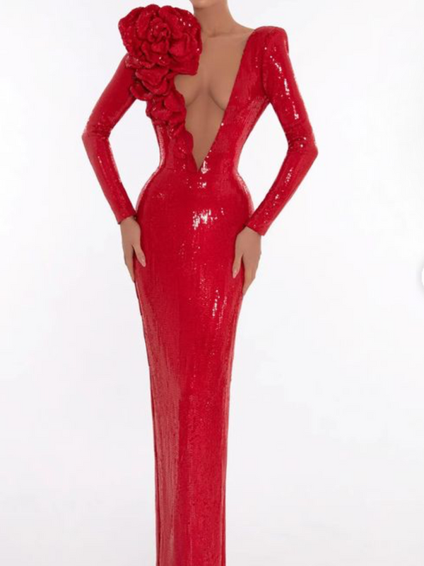 Marian style neck sequins red dress with embroidered flowers - Marian Style Boutique
