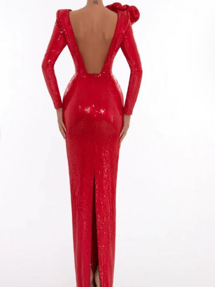 Marian style neck sequins red dress with embroidered flowers - Marian Style Boutique