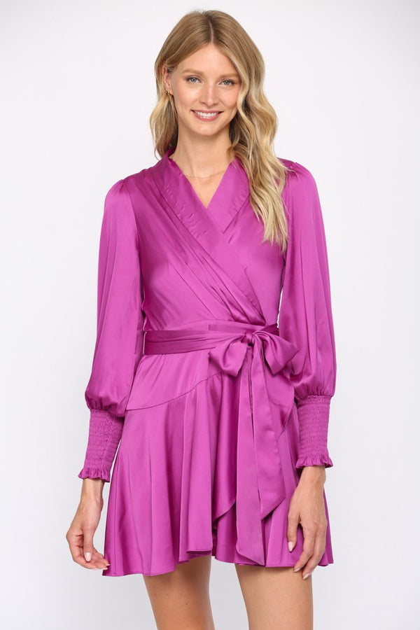 Dress- Purple Satin Tie Waist Wrap Dress - Marian Style Boutique