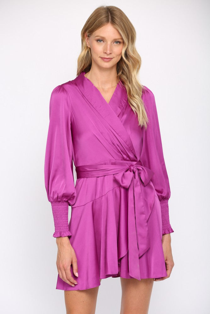 Dress- Purple Satin Tie Waist Wrap Dress - Marian Style Boutique
