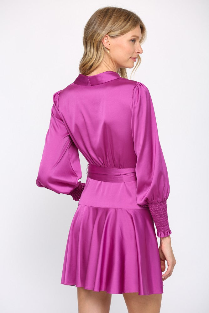 Dress- Purple Satin Tie Waist Wrap Dress - Marian Style Boutique