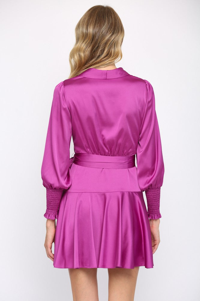 Dress- Purple Satin Tie Waist Wrap Dress