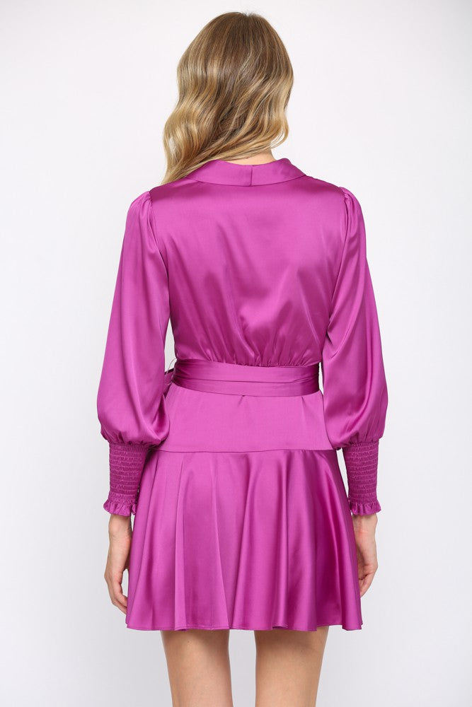 Dress- Purple Satin Tie Waist Wrap Dress - Marian Style Boutique