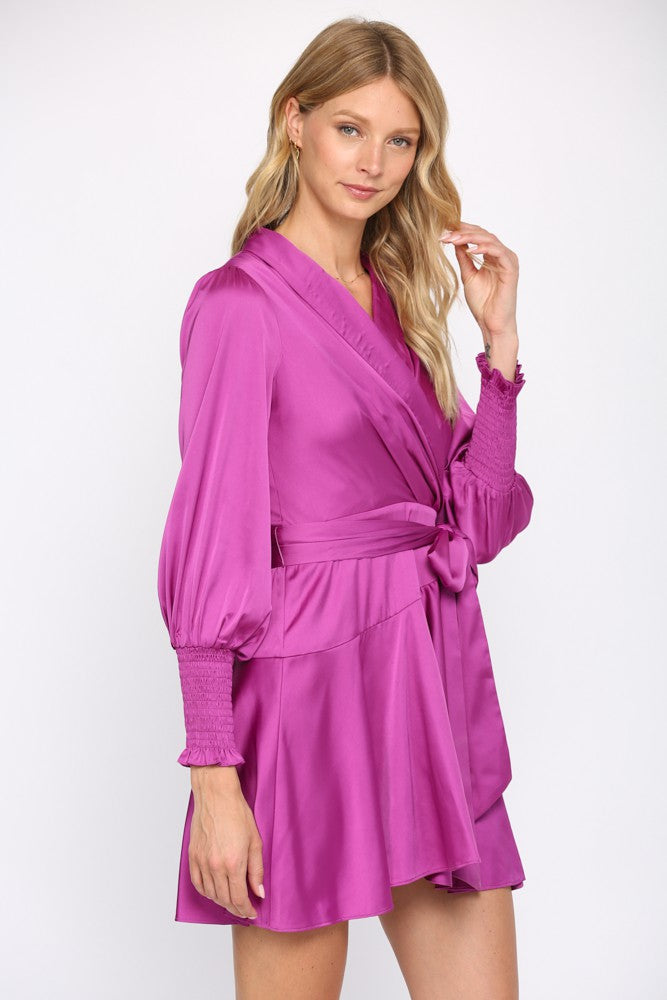 Dress- Purple Satin Tie Waist Wrap Dress - Marian Style Boutique