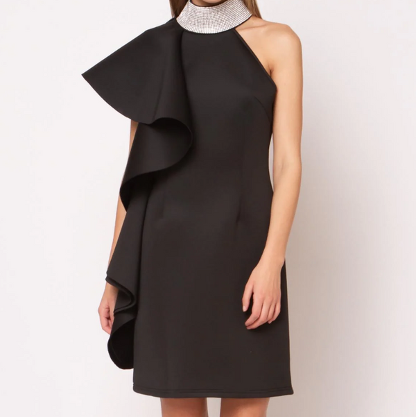 Cocktail-Black Dress Jeweled neck and side ruffles. - Marian Style Boutique