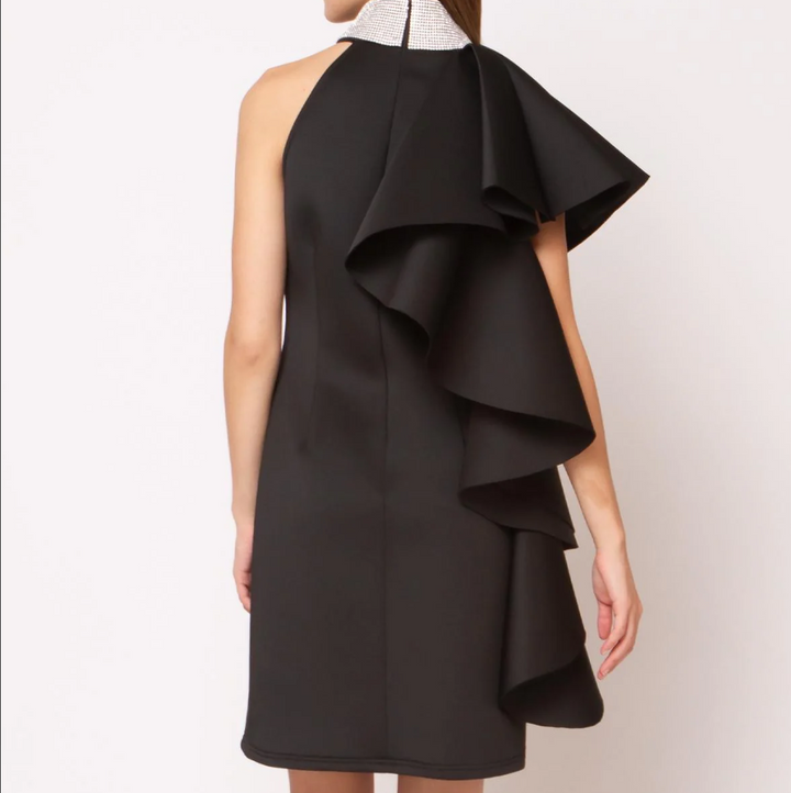 Cocktail-Black Dress Jeweled neck and side ruffles. - Marian Style Boutique