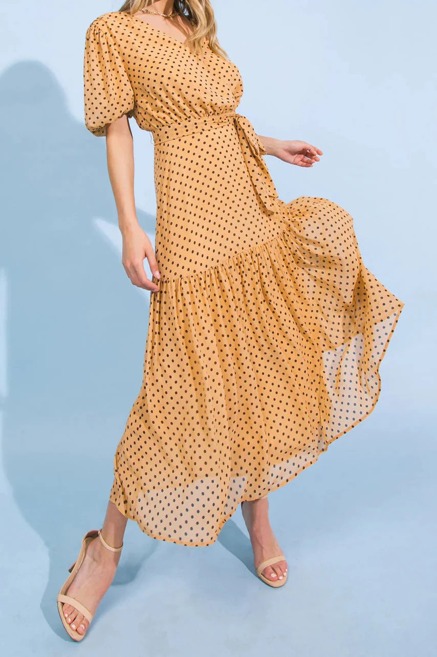 Dress- Brown a printed woven midi dress featuring surplice neckline, bubble sleeve, ruffled hemline, size zipper