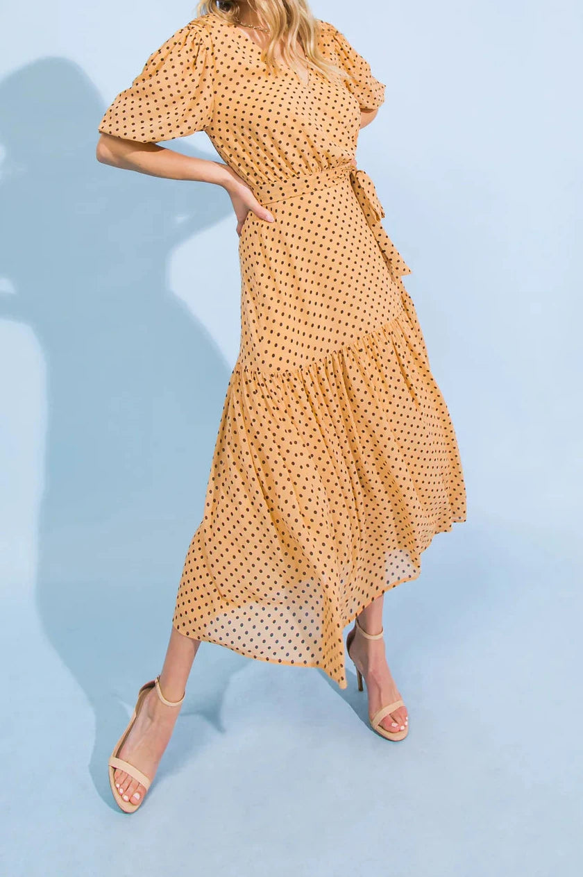 Dress- Brown a printed woven midi dress featuring surplice neckline, bubble sleeve, ruffled hemline, size zipper