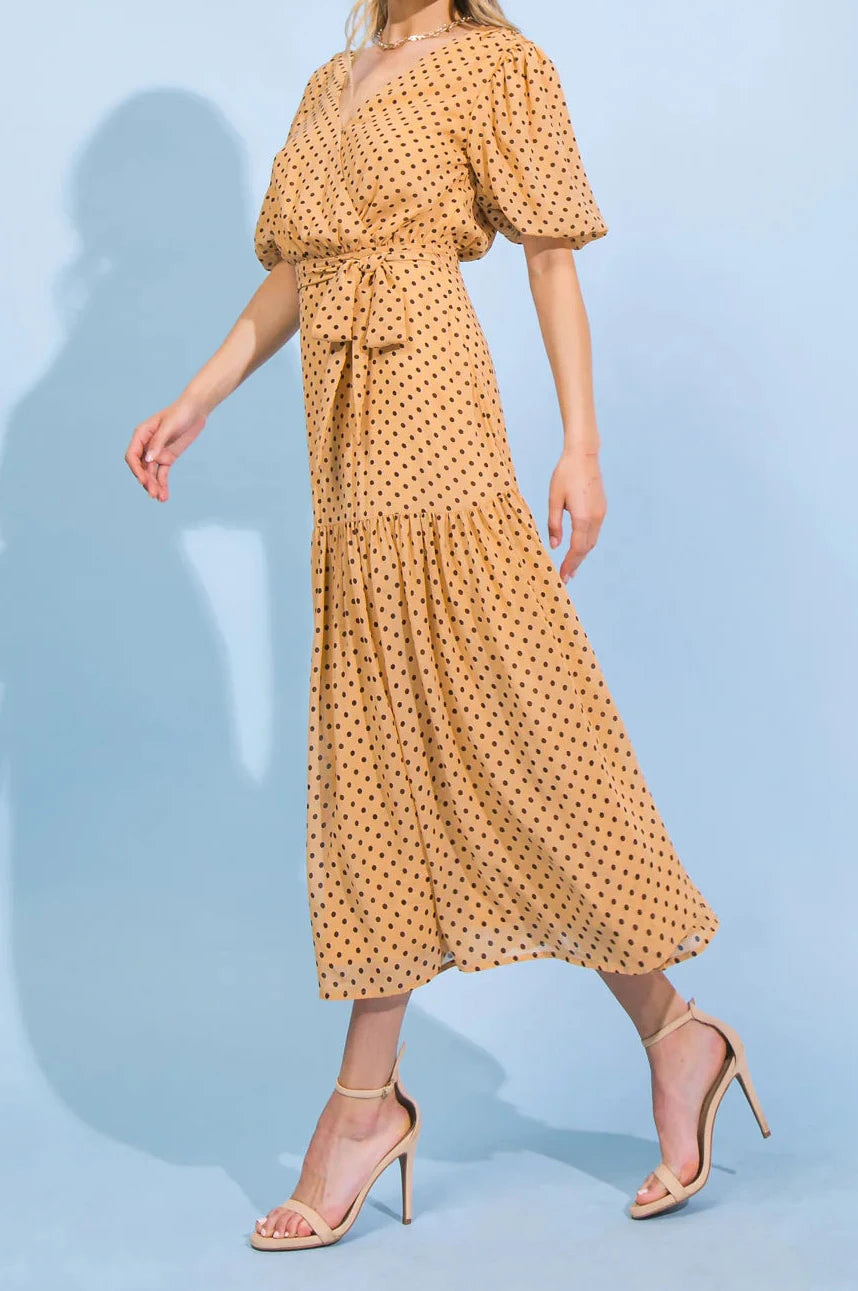 Dress- Brown a printed woven midi dress featuring surplice neckline, bubble sleeve, ruffled hemline, size zipper