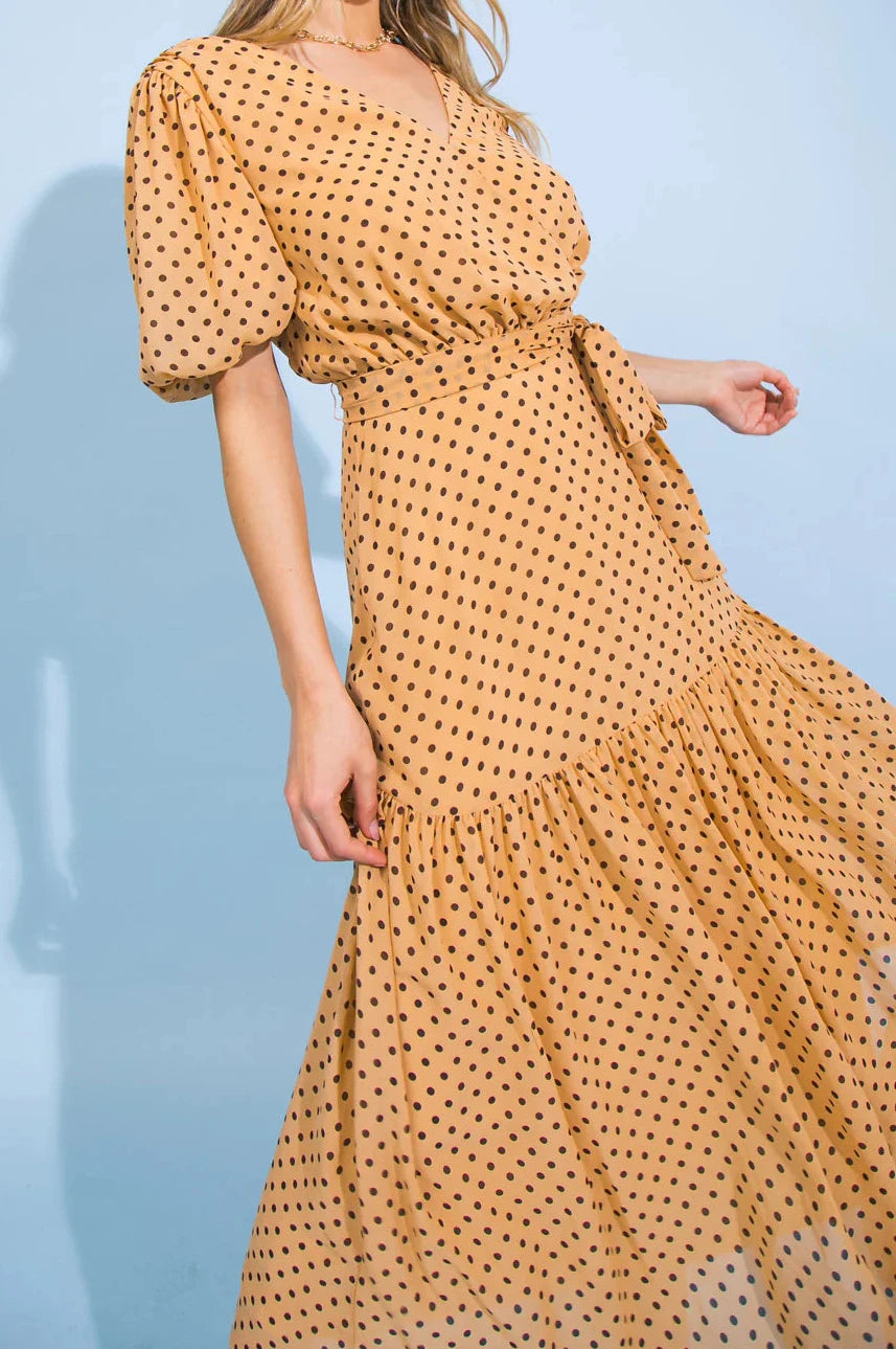 Dress- Brown a printed woven midi dress featuring surplice neckline, bubble sleeve, ruffled hemline, size zipper