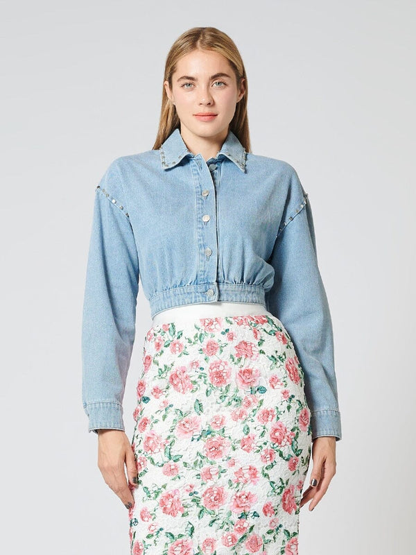 Marian style Embellished Smocked Waist-Hem Cropped Denim Jacket - Marian Style Boutique