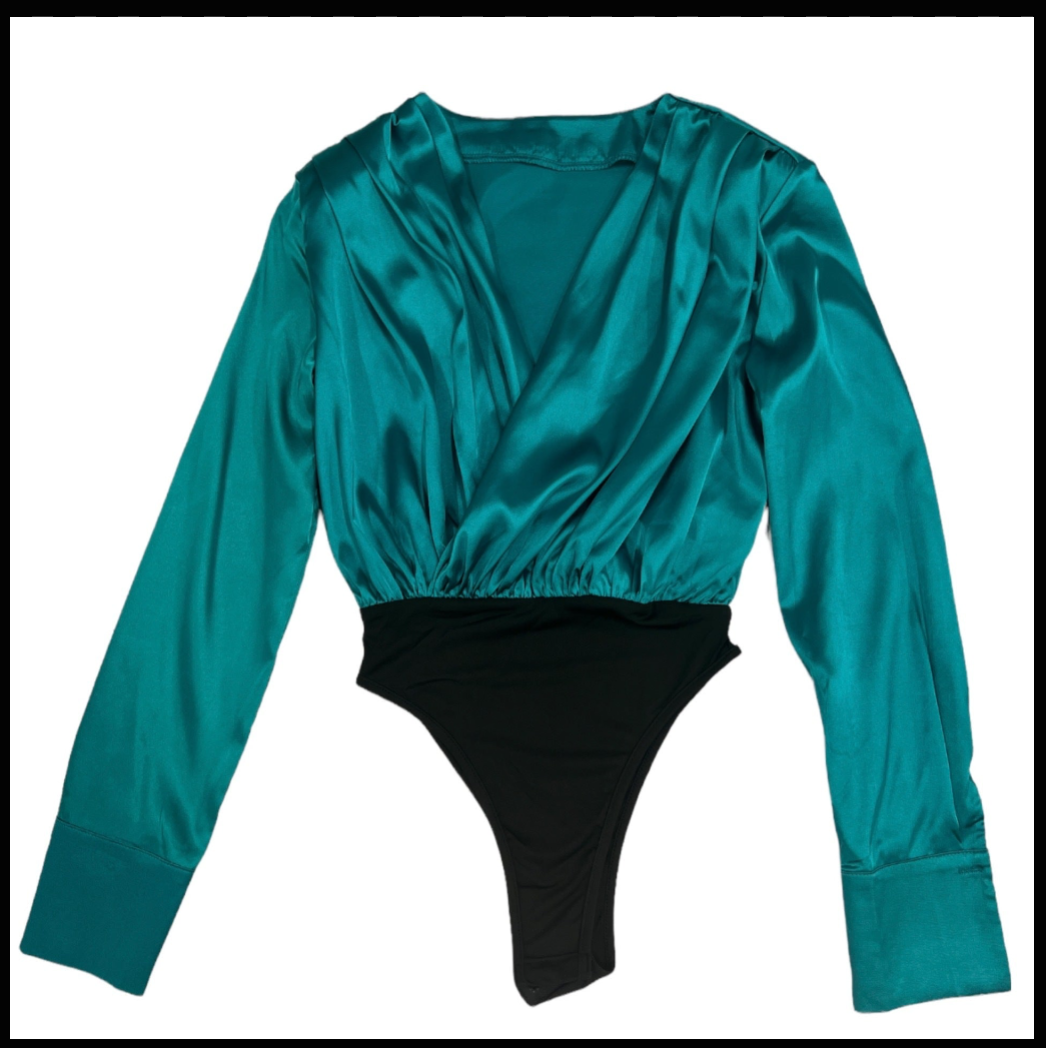 Bodysuit - Turquoise satin bodysuit long sleeve