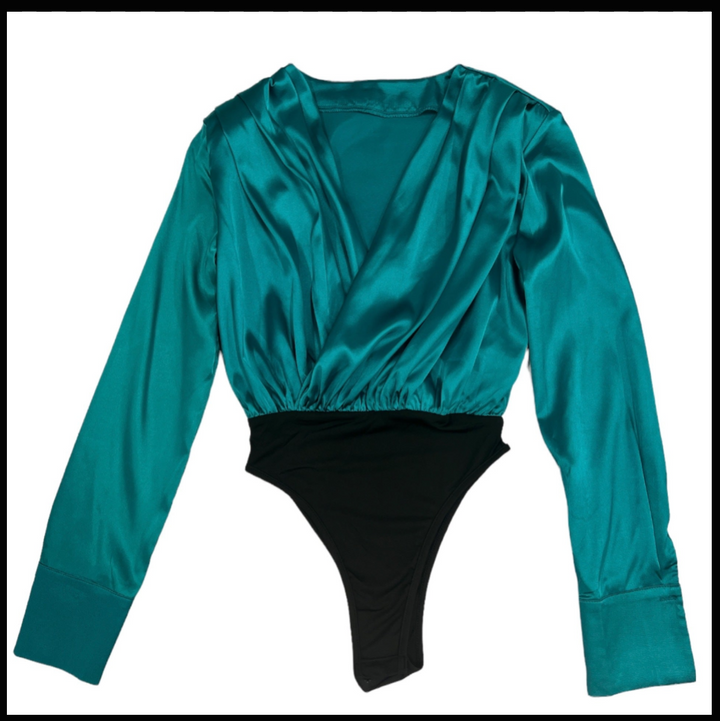 Bodysuit - Turquoise satin bodysuit long sleeve - Marian Style Boutique