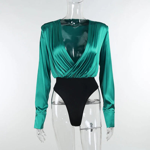 Bodysuit - Turquoise satin bodysuit long sleeve - Marian Style Boutique