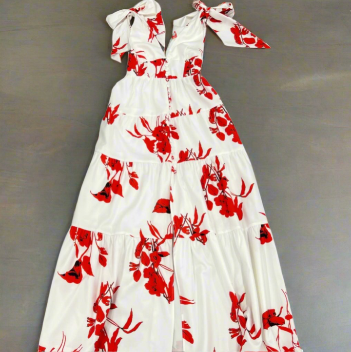 Dress- Red Floral Tie Shoulder Maxi - Marian Style Boutique