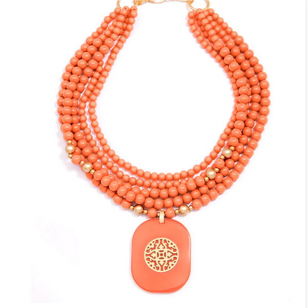 Necklace - plated emblem - coral - Marian Style Boutique