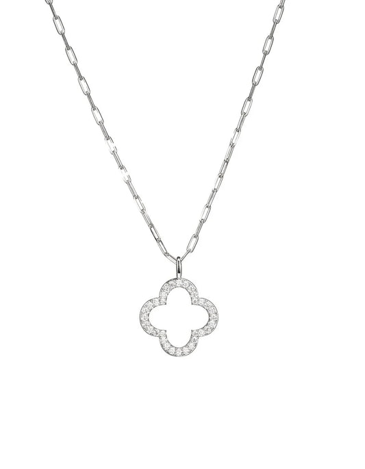 Open quatrefoil pave charm collar necklace - rhodium clear