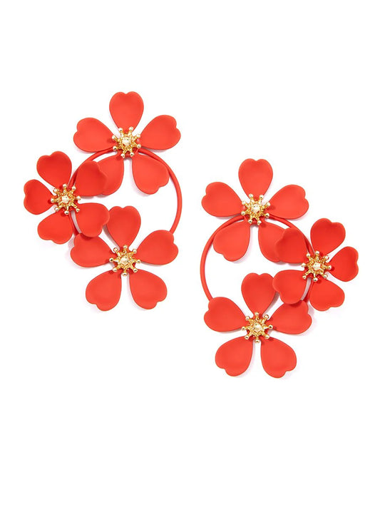 Red- Drop Hoop earring with Painted metal Daisy