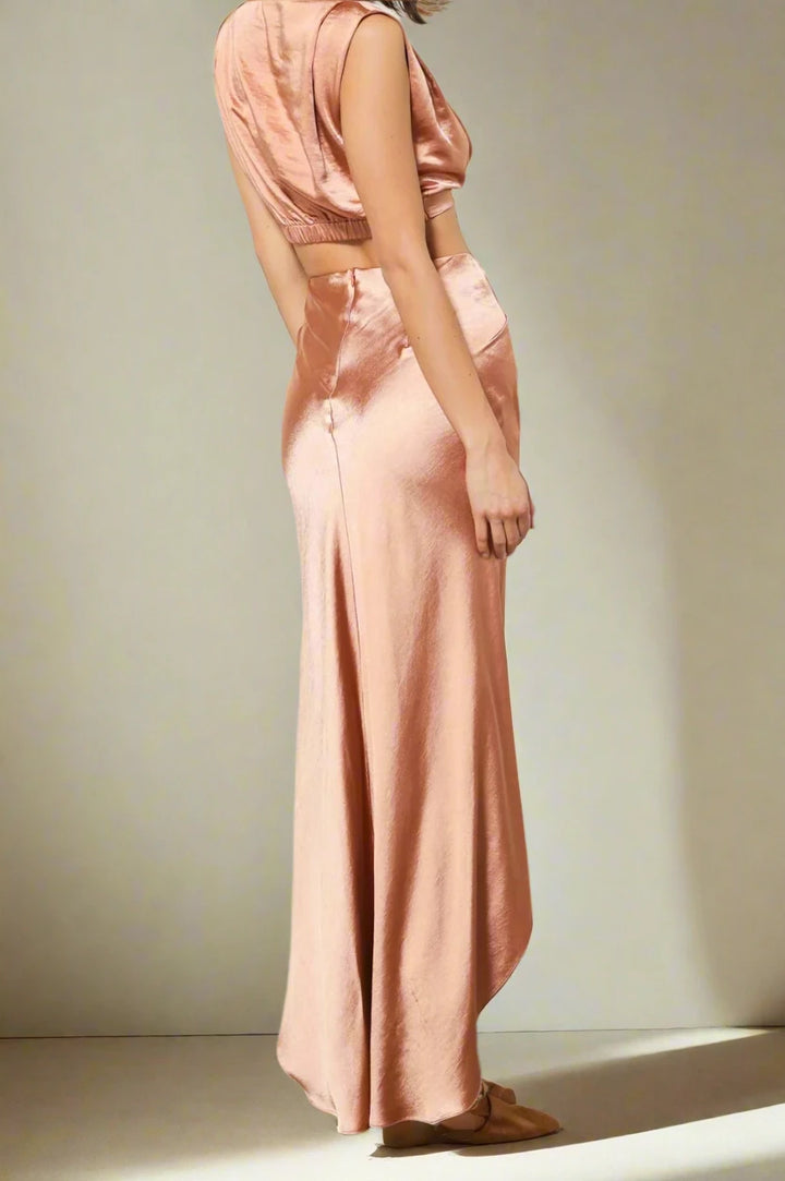 Two piece dress- tan/brown dress no sleeves long bottom - Marian Style Boutique